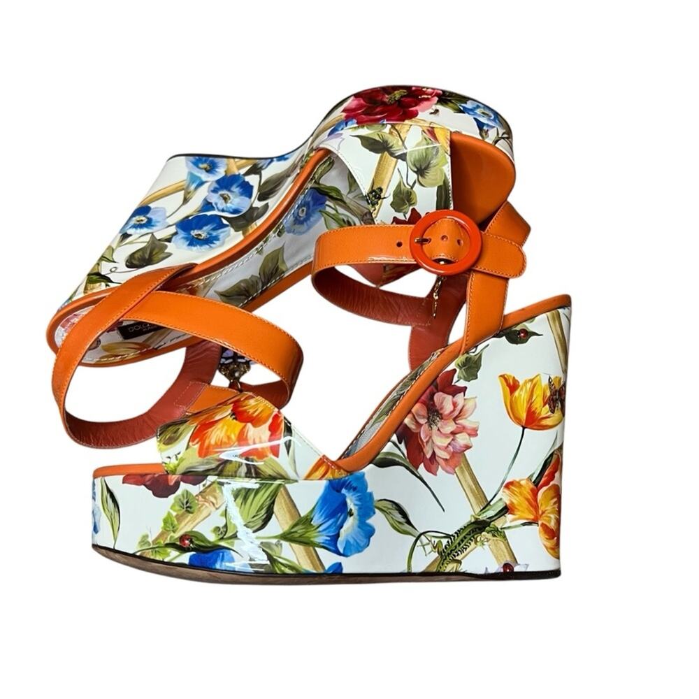 Dolce & Gabbana BIANCA Patent Leather Floral Butterfly Wedge Sandals EU 40 US 10 - Picture 8 of 13